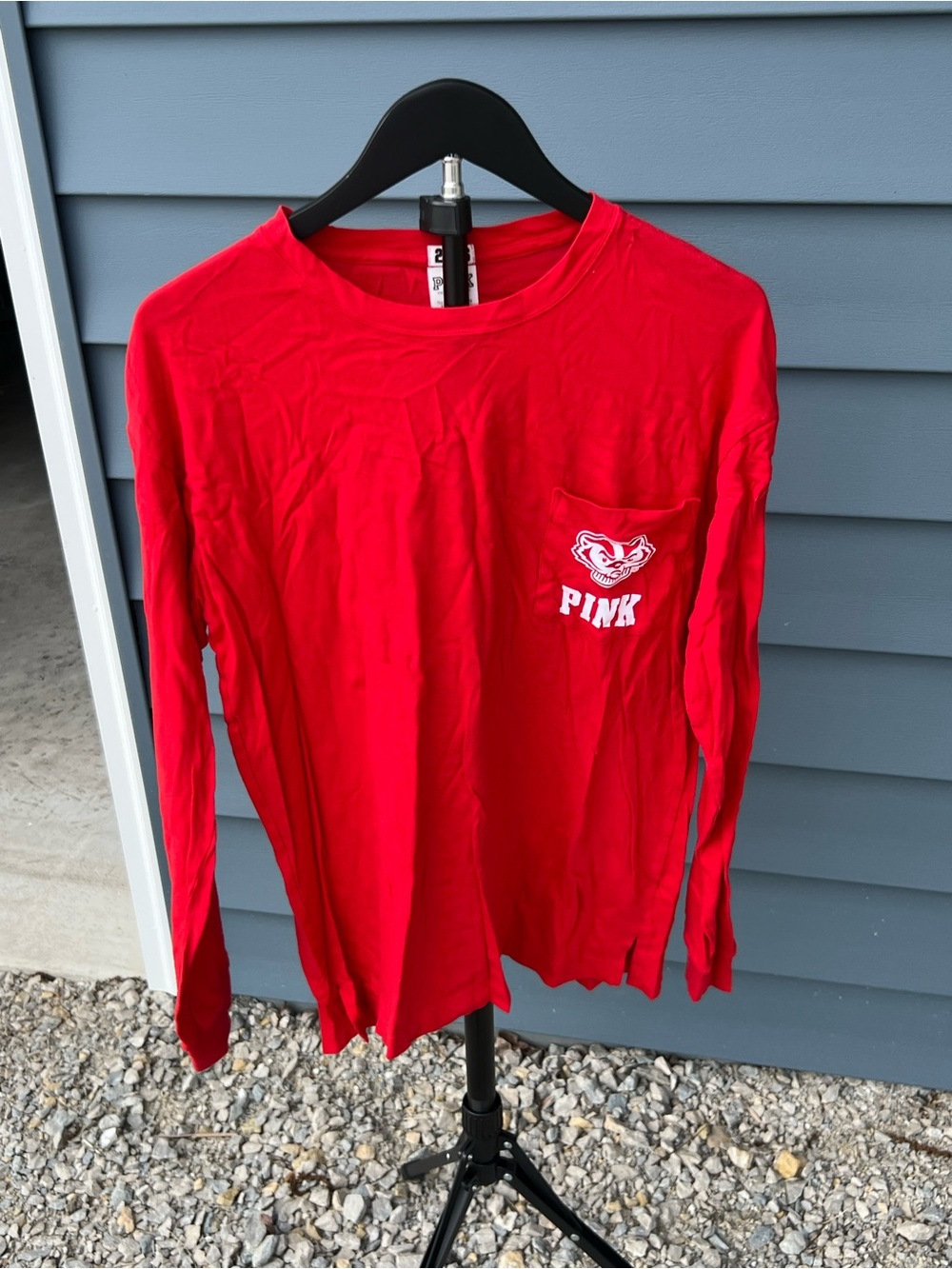 PINK Victoria's Secret Red Long-Sleeve Pocket Tee with Logo